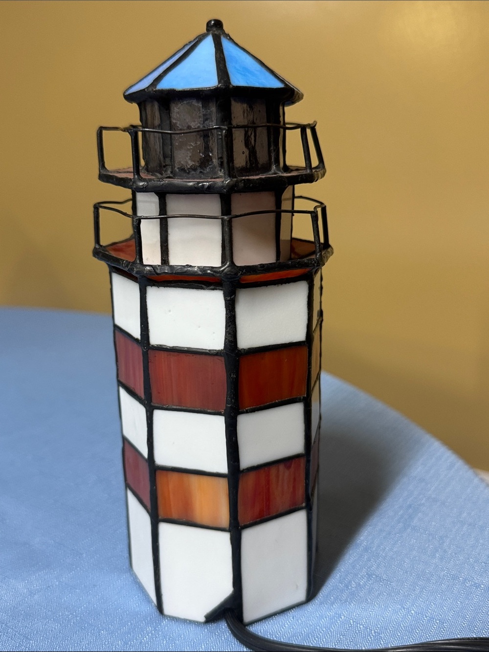 Stained Glass Lighthouse Accent Lamp - Blue, White & Red - Picture 3 of 8